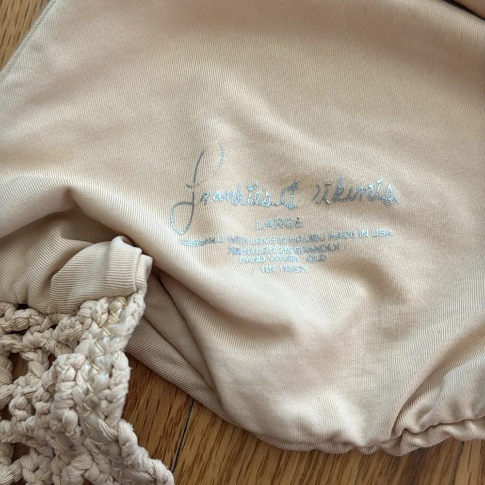 Frankie's Bikinis sz L Tan Bikini Swim Set, crocheted details great condition